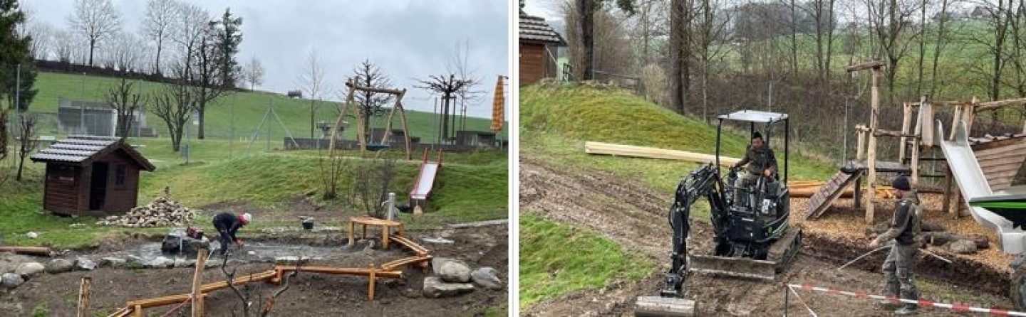 Selbst Schnee und Regen halten den Kravattenclub nicht davon ab, am neuen Bachlauf zu arbeiten!