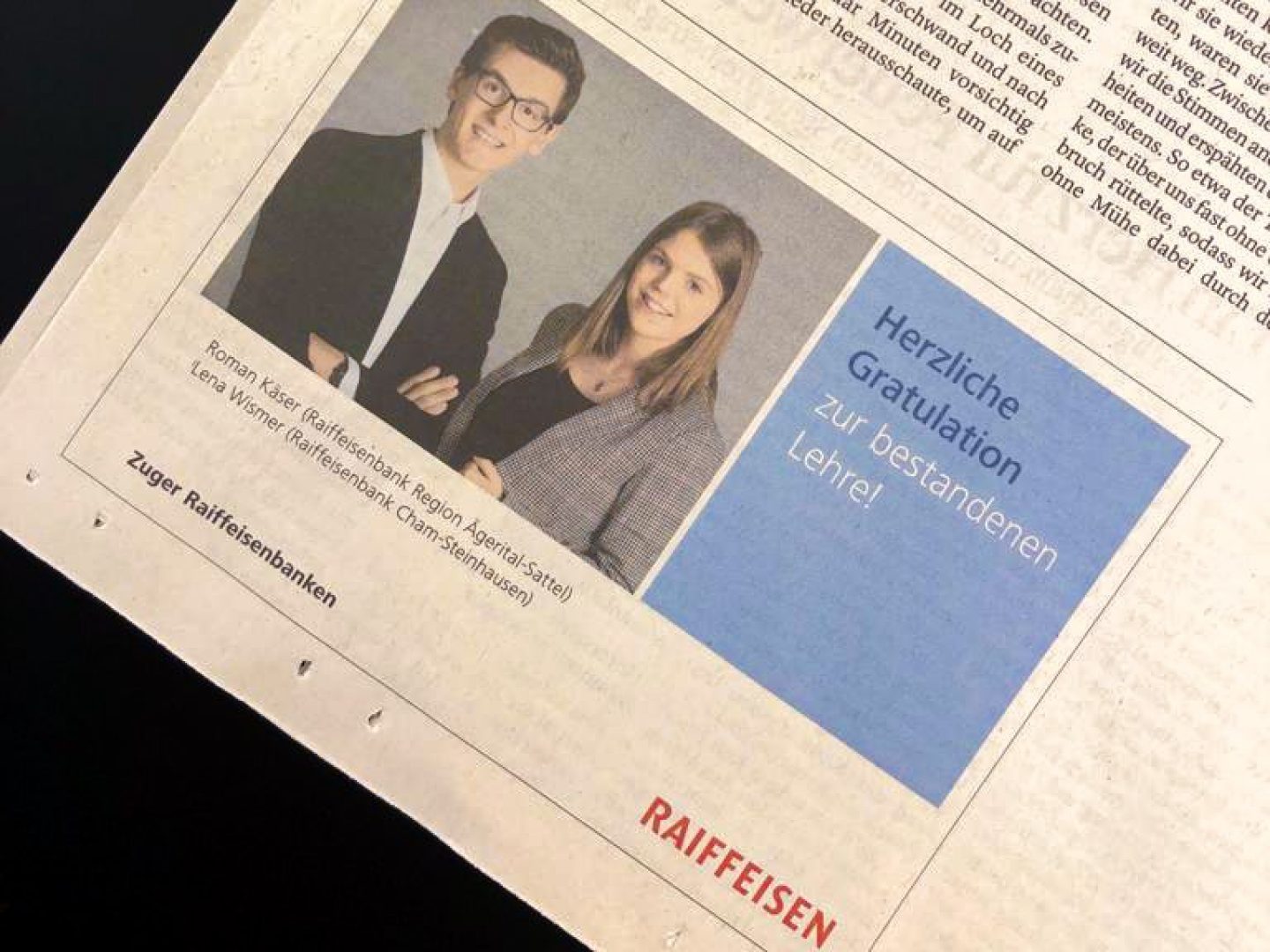 Herzliche Gratulation Roman Käser (Raiffeisenbank Region Ägerital-Sattel) und Lena Wismer