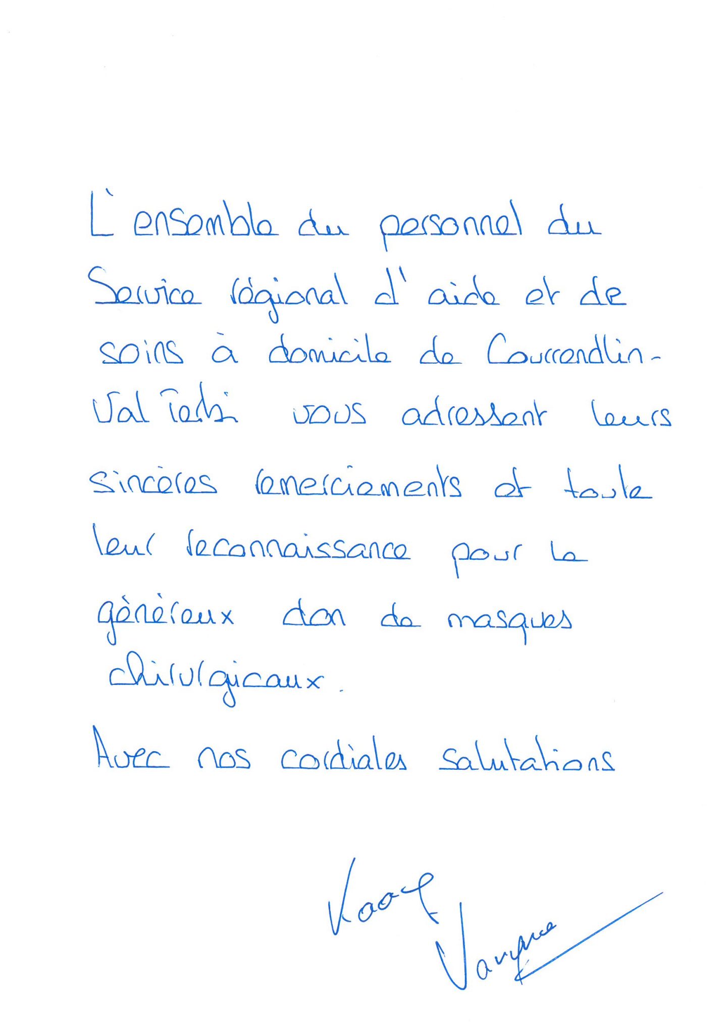 Carte de remerciements reçue du service régional d'aide et de soins à domicile