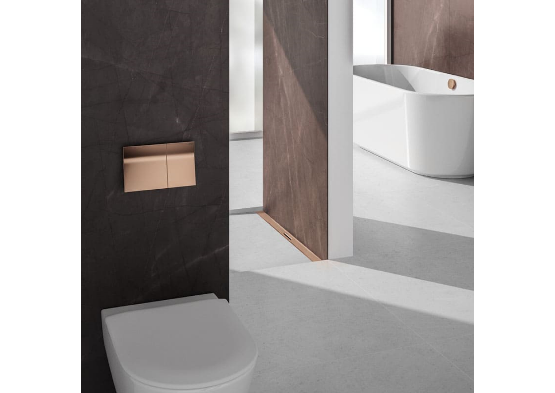 Un concetto di colore deve essere coerente, fino alla placca di azionamento WC. Anche lo scarico della doccia e il troppopieno della vasca sono di Viega.