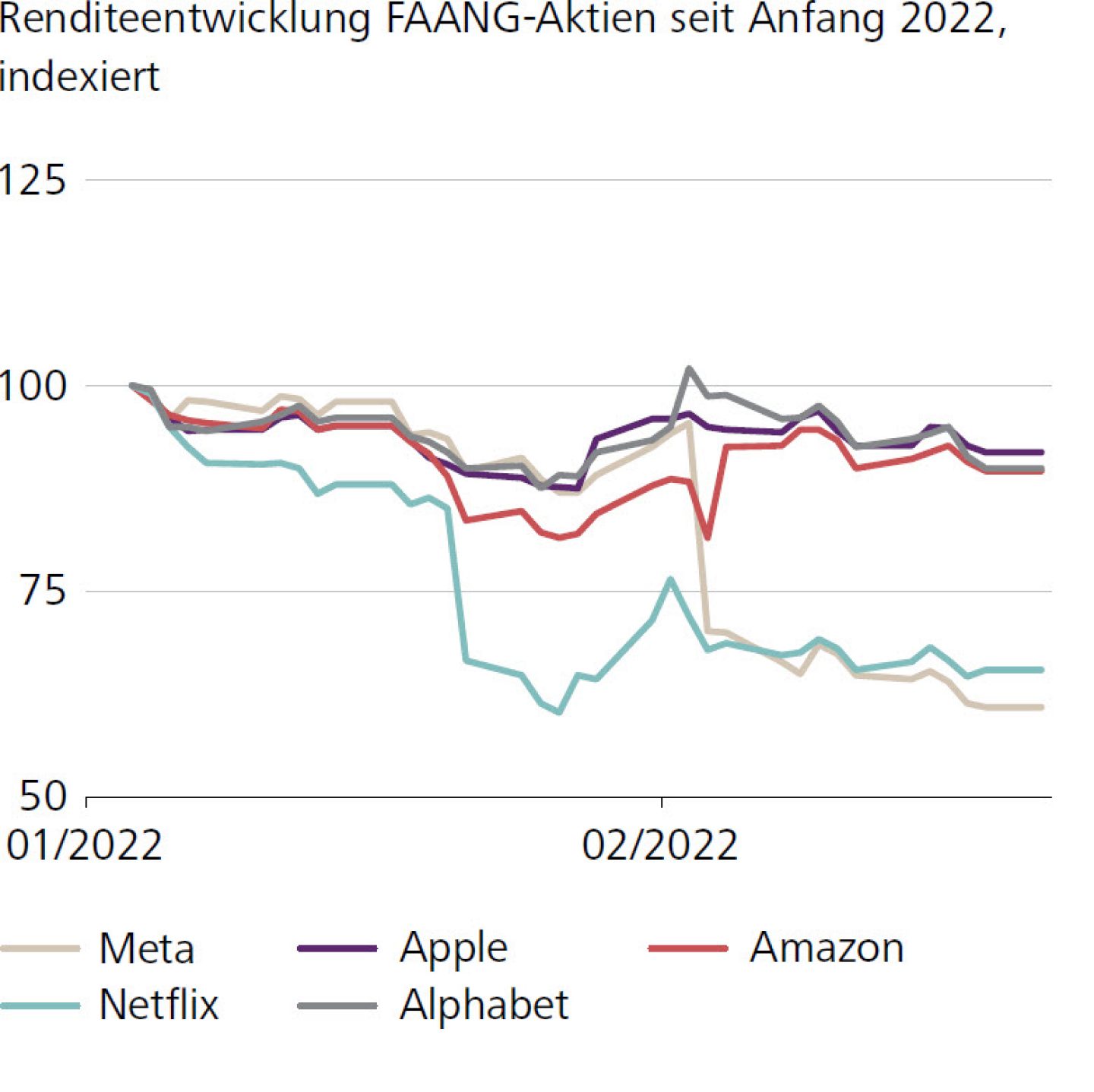 Renditeentwicklung FAANG-Aktien seit Anfang 2022, indexiert