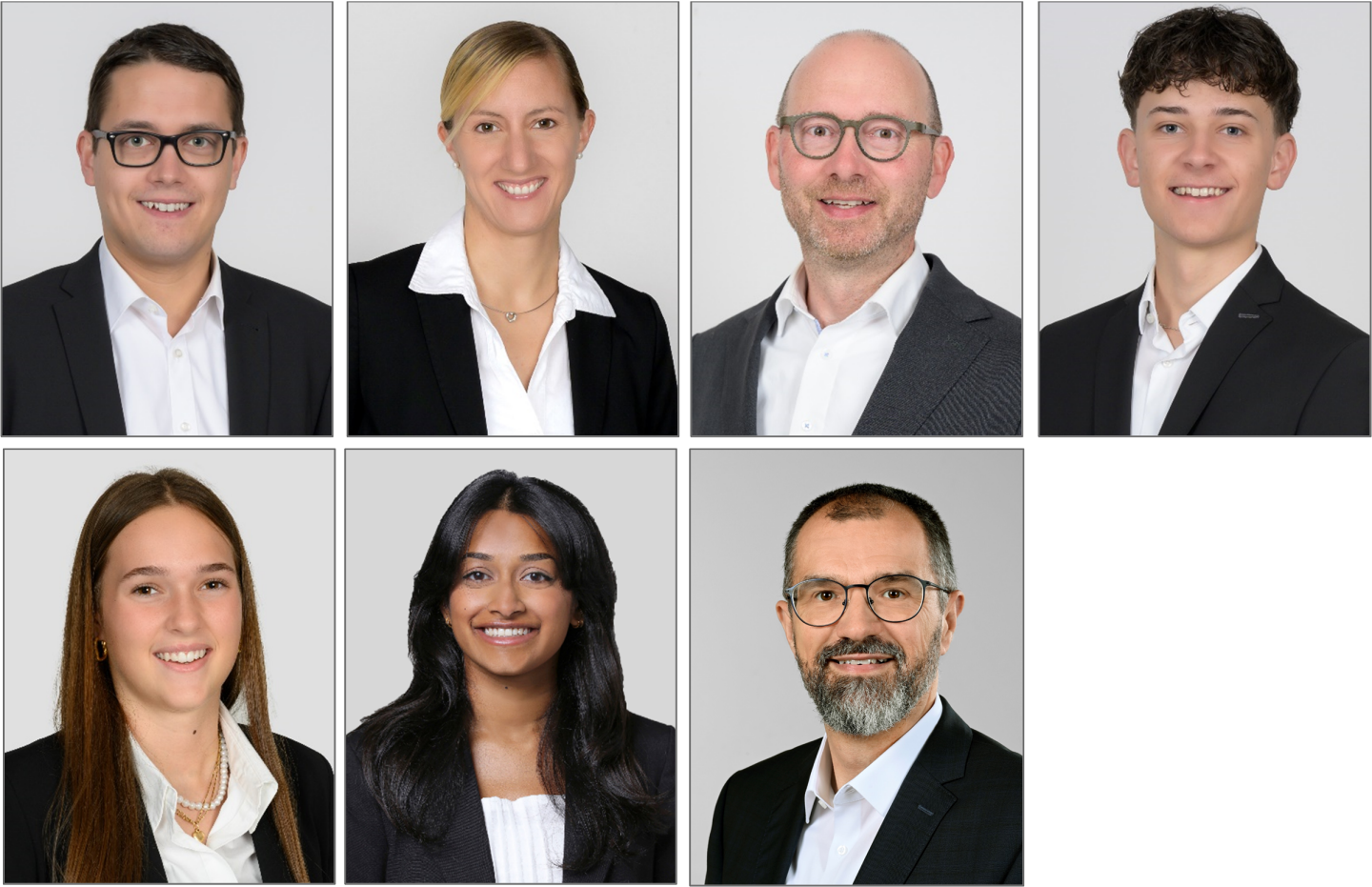 Bild von links oben nach rechts unten: Gregor Bucher, Fabienne Mark, Matthias Vetsch, Rafael Lenherr, Nerina Keller, Gesha Jeyamanoharaa, Andres Costa