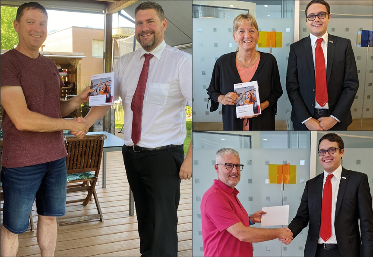 links: Thomas Lippuner und Christof Tinner, Leiter Vertrieb / rechts oben: Margrit Rutz mit Gregor Bucher, Leiter Individualkundenberatung / rechts unten Tobias Guntli mit Gregor Bucher