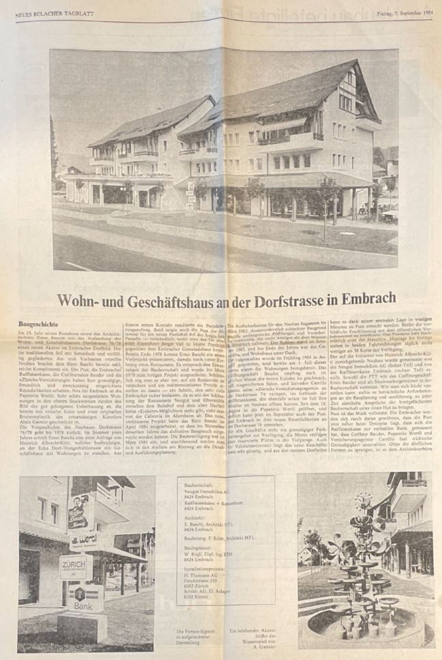 Neues Bülacher Tagblatt, 1984 zum Geschäftshaus an der Dorfstrasse in Embrach